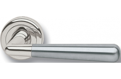 Pair of Ghidini Lever Handles Geneva OCL Inox with Roses and Escutcheons