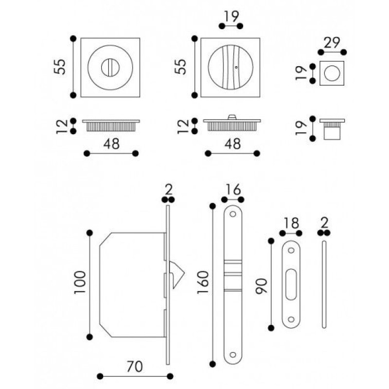 Square Flush Pull Kit for Sliding Doors Arieni 94/Q with Lock
