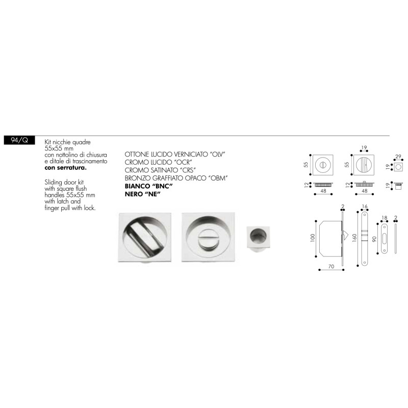 Square Flush Pull Kit for Sliding Doors Arieni 94/Q with Lock