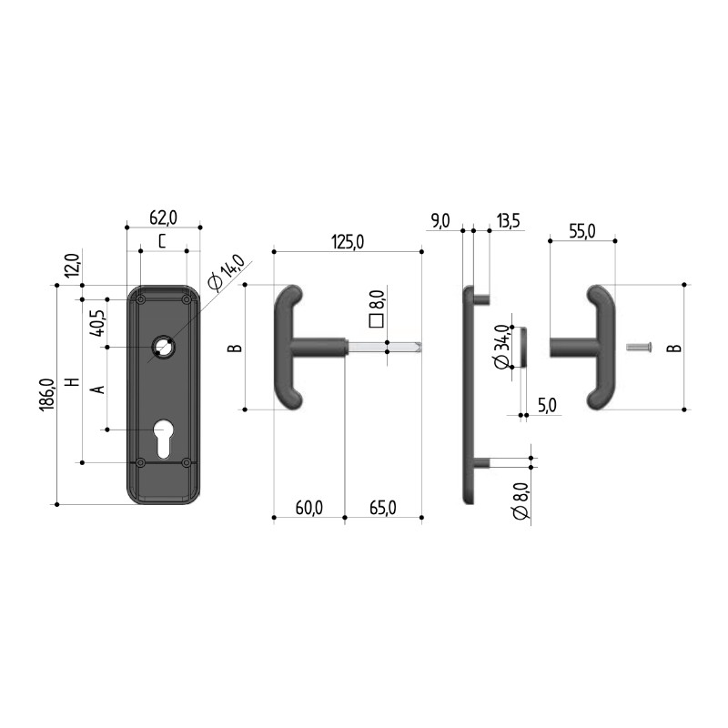 Up-and-over Door Handle with Yale Hole Plate Prefer 0433