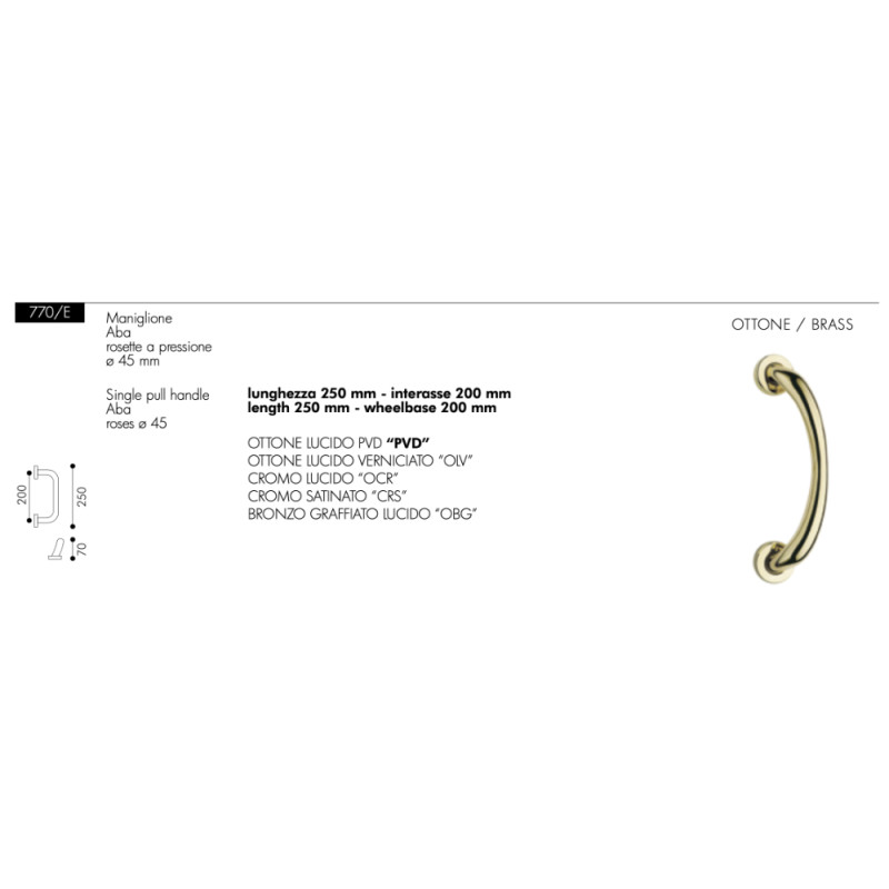 Curved Door Pull Handle Arieni 770/E Aba 250 mm Ø45 mm