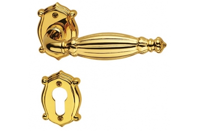 Queen Classique Pasini Brass Door Handle with Rosette and Escutcheon Plate
