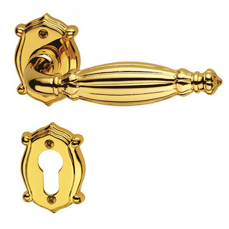 Queen Classique Pasini Brass Door Handle with Rosette and Escutcheon Plate