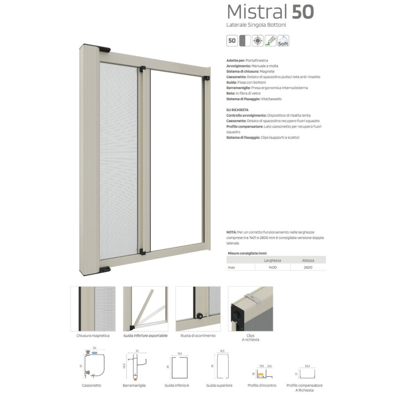 Lateral Sliding Mosquito Net Mistral Rami Overall Size 50mm